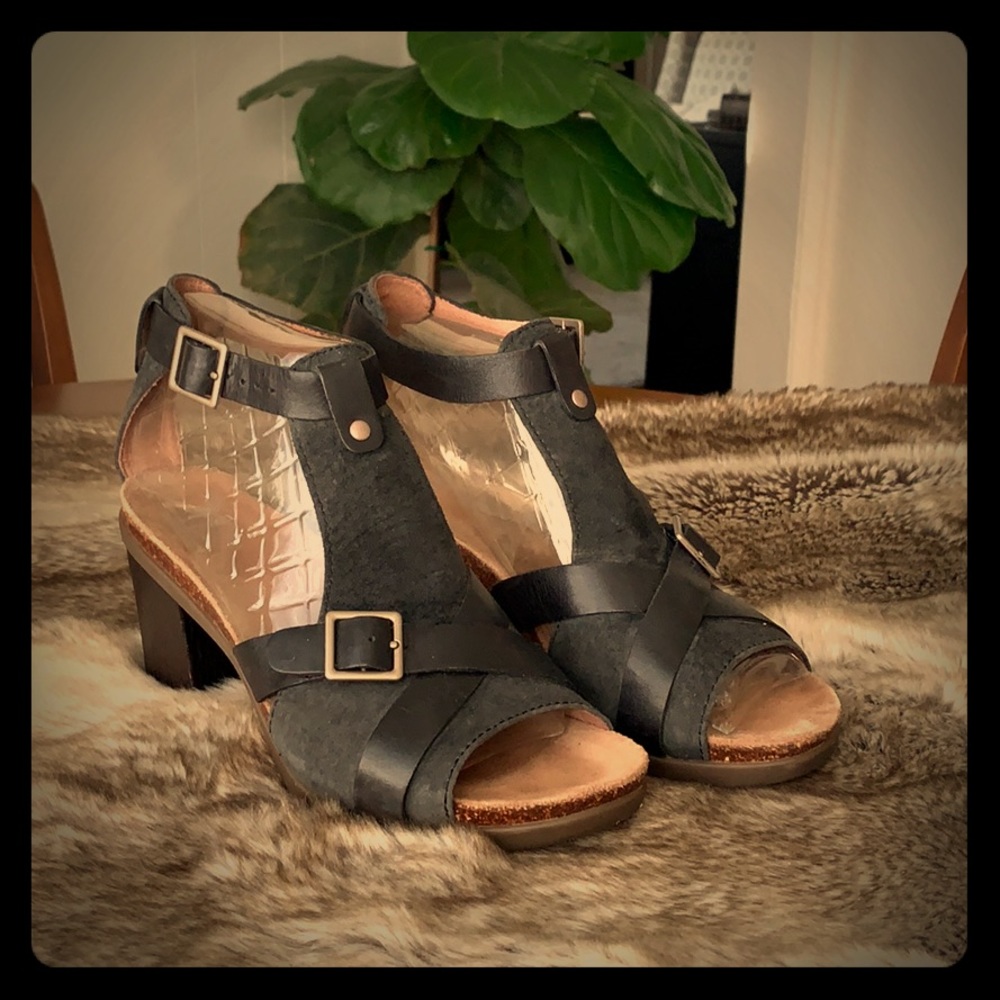 Dansko Black Suede & Leather Open-Toe Buckle Sandals